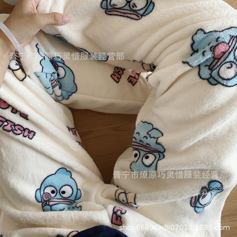 Pantalones de pijama de franela de coral de dibujos animados, pantalones de pijama de hombre, pantalones de invierno de otoño de mujer, pantalones caseros