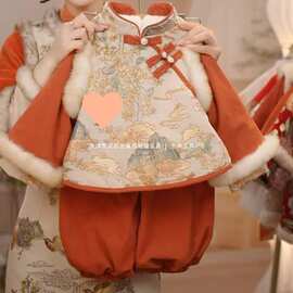 新款汉服女童中风鹿小童冬季加厚新中式套装拜年服儿童周岁礼服