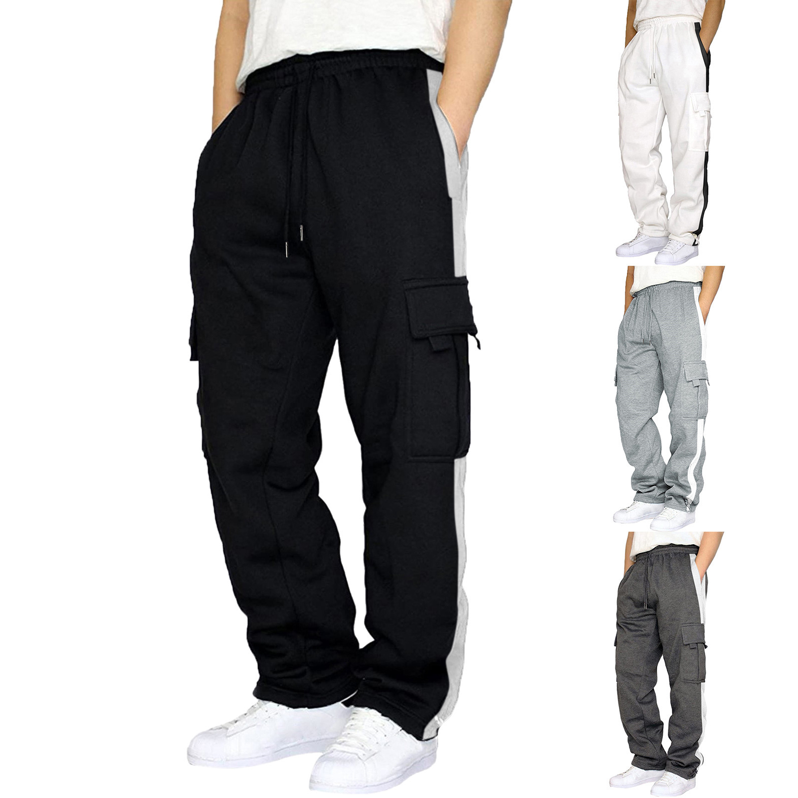 New 2023 cross-border sports casual trousers fleece-lined ankle-tied multi-pocket lace men's loose overalls trousers