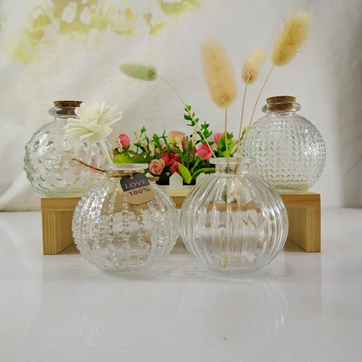 北欧简约永生花小花瓶创意桌面插花香薰瓶透明无火精油挥发花瓶