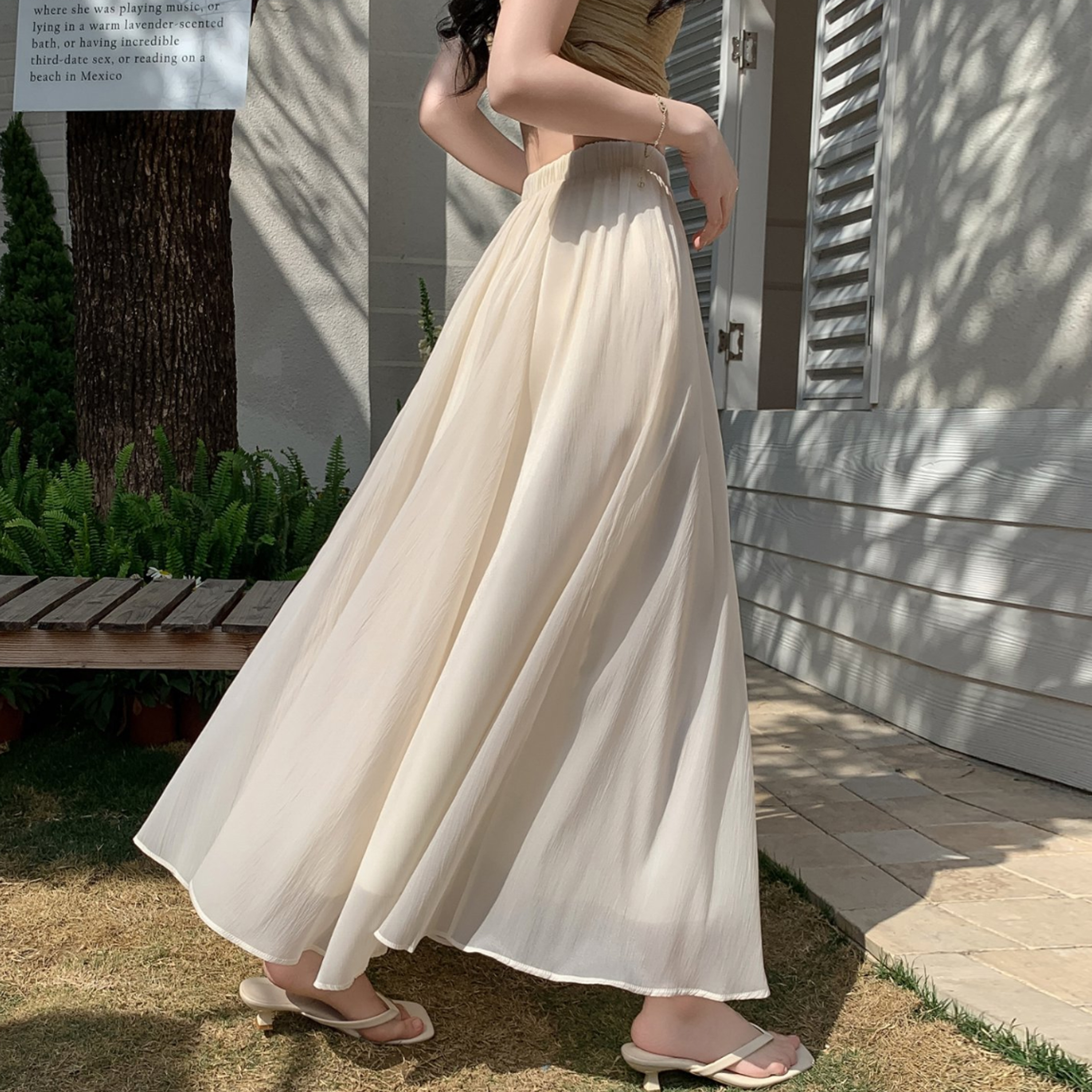Beige shiffon summer fitted long skirt