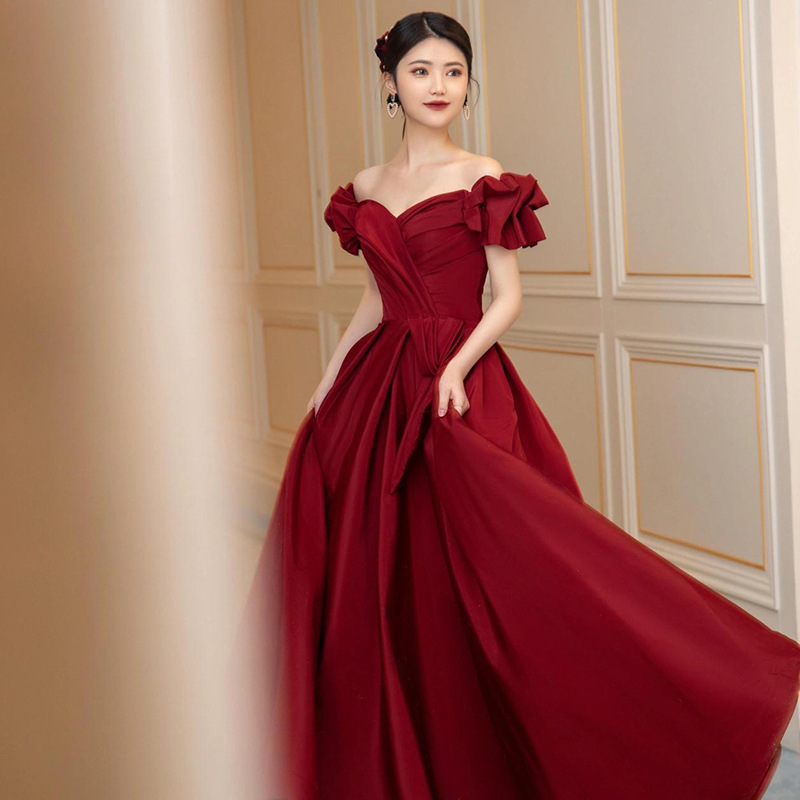 Toast Dress Bride 2025 New Spring One-Shoulder Princess Dress Satin Engagement Annual Party Host Evening Dress for Women