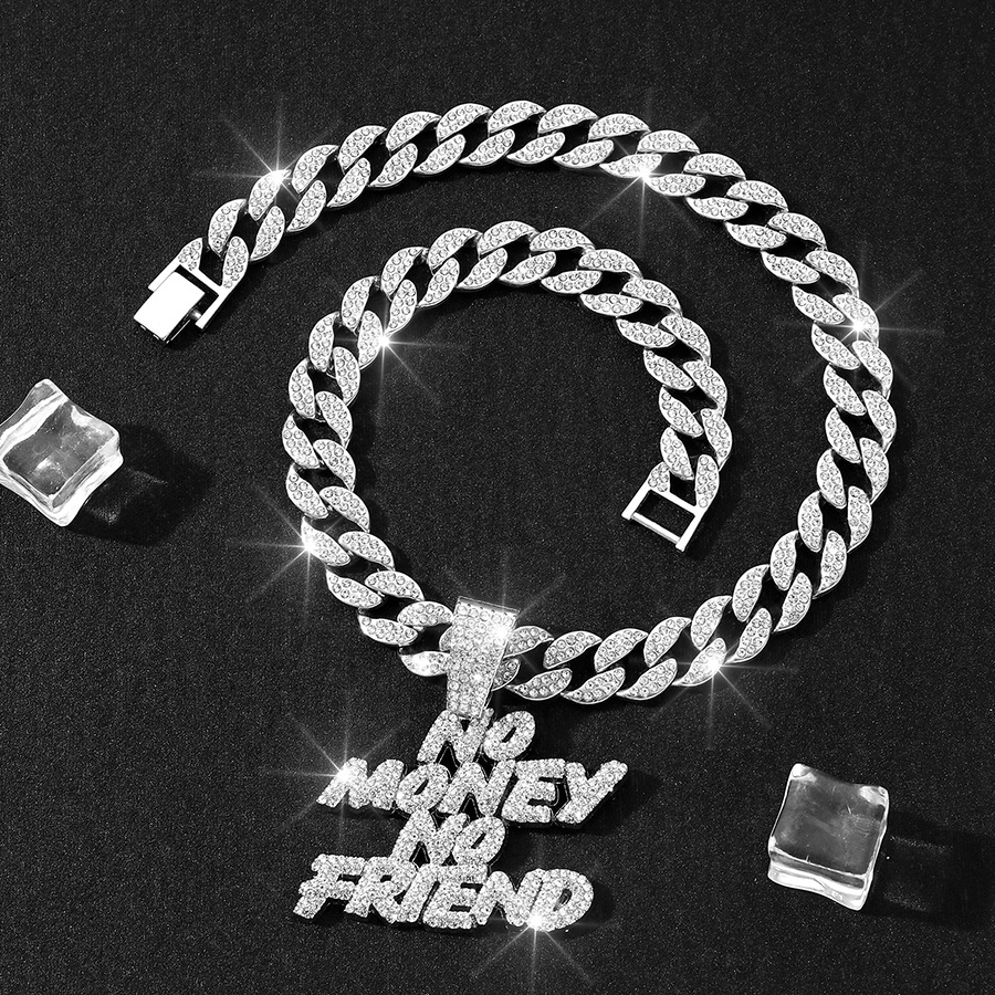 Nuevos productos europeos y estadounidenses llenos de letras de diamante NO MONEY NO FAIEND Hip Hop transfronterizo personalidad colgante de aleación cadena cubana