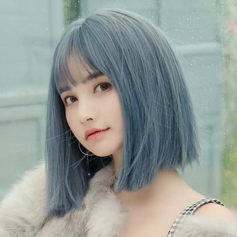 雾霾蓝直发齐刘海假发女短发锁骨发 帅气蓝色女团发色齐刘海
