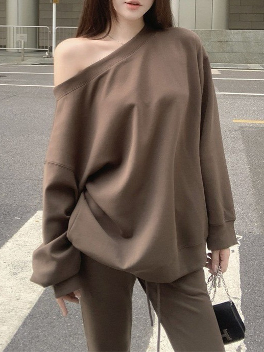 慵懒风休闲宽松运动套装女秋冬季新款斜肩长袖卫衣微喇裤子两件套|undefined