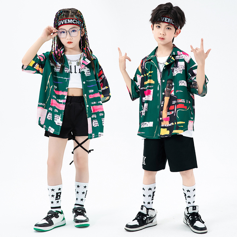 Children's Hip-hopy Clothing Summer Boys And Girls Hip-hop Handsome Shirt Suit Catwalk Clothing Girl Jazz Performance Clothing