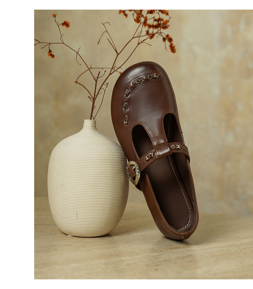 Giày Mary Jane nữ da bò thật quai ngang khóa T — màu nâu chi tiết 13