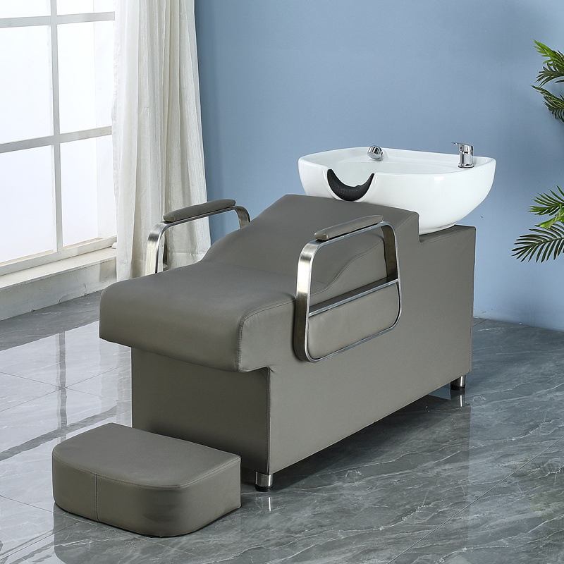 Barbería cama de lavado de cabello barbería de acero inoxidable especial reposabrazos cerámica cuenca cama de tratamiento de cabello cama de lavado barbería cama