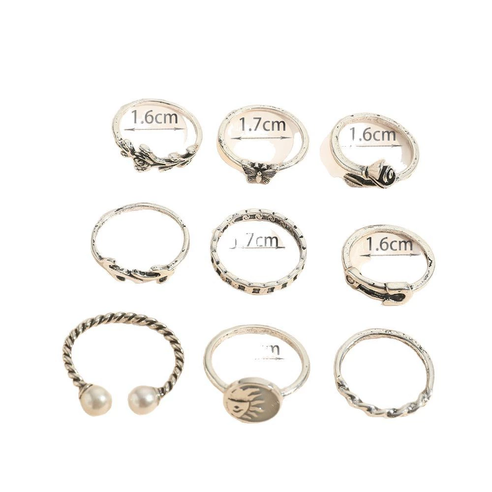 Retro pearl ring set, European style, silver-color stackable rings, multi-piece design