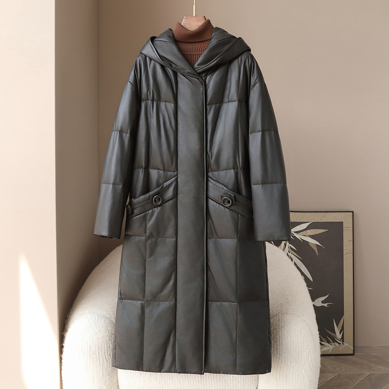 Live Supply 2025 Spring New Style 100 Goatskin Genuine Leather Hooded Goose down Jacket Women's Casual Loose down Jacket
