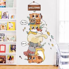 Nordic INS playful kitten stack tower cartoon wall sticker for children's room wall decoration self-adhesive painting door sticker
