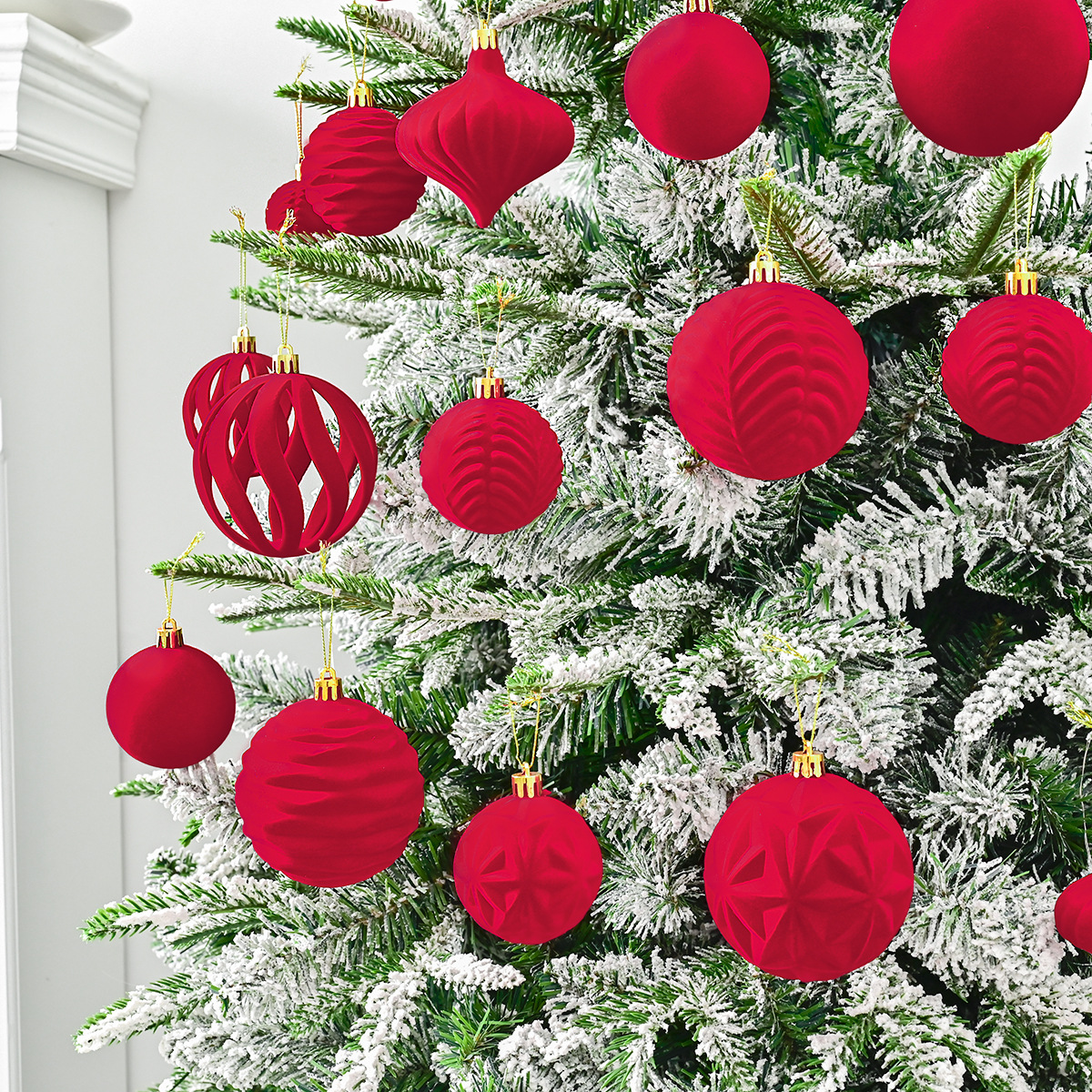 Transfronterizos para 36 bolas de navidad de floquete de forma especial, bolas de tela pintadas rojas, colgantes decorativos para árboles de navidad