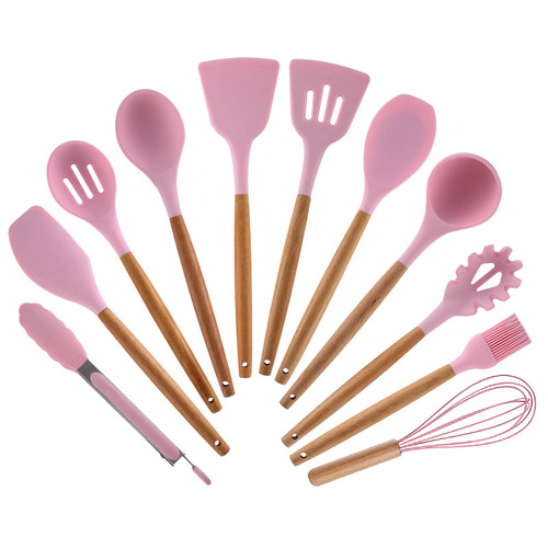 Cross-border silicone kitchenware household non-stick cooking spatula baking colorful wooden handle kitchen supplies