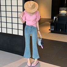 微喇裤女蓝色牛仔九分裤脚开叉拼接图案国内一二线品牌牛仔染色26