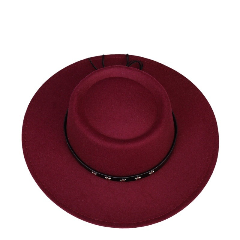 Sombrero de mujer transfronterizo Otoño e Invierno sombrero plano estrella de cinco puntas cinturón Accesorios Sombrero de lana sombrero de Panamá Jazz sombrero de hombre