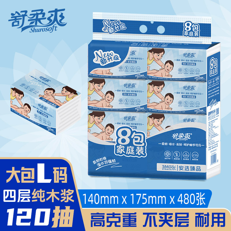 3840 Soft Tissue Paper Sheets, 8 Packs of Household Toilet Paper, 4-Layer Soft and Flexible Cotton-Like Tissue, Pure Wood Pulp Facial Tissue