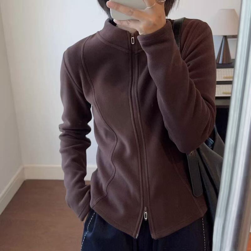 25 Autumn and Winter Warm Little Heater Stand Collar Zipper Jacket Short Slim Fit Inner Wear Cardigan Jacket for Women