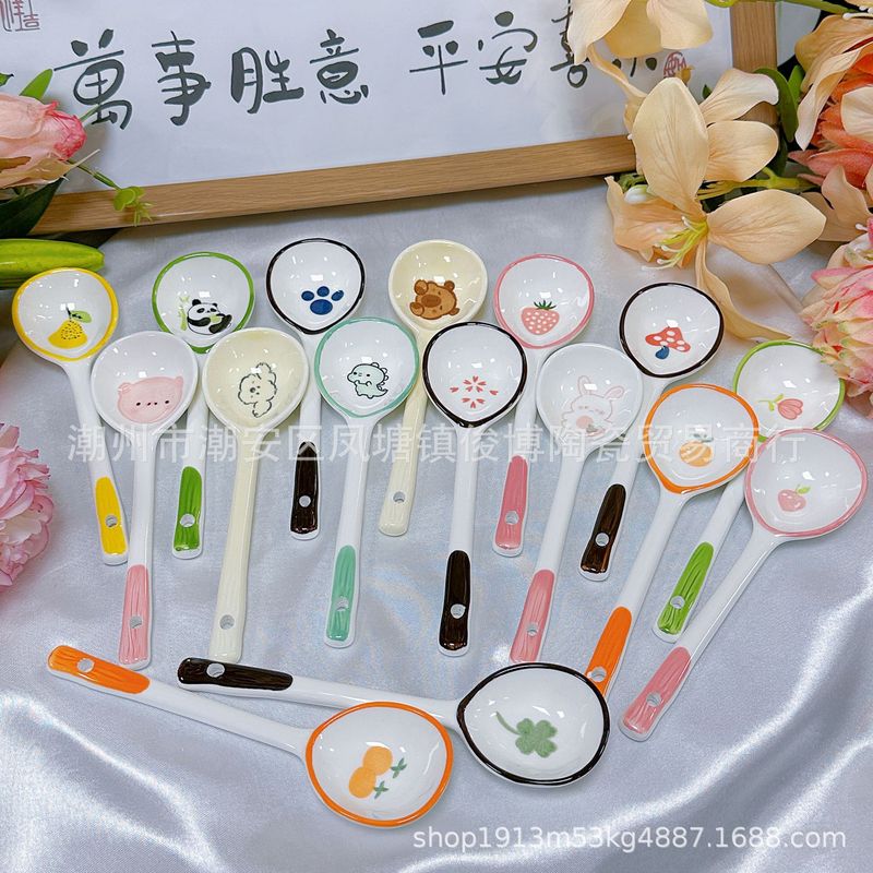 正規品の外国貿易の熱い販売の陶磁器のスプーンのスープのスープの手描きの釉薬の下で色の食器のスプーンの高い顔の価値のスプーンの長い柄のスプーン|undefined