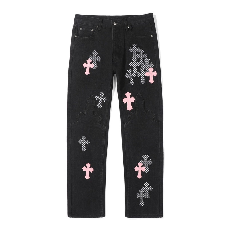 正确版CH克罗伈十字架皮标水洗牛仔裤情侣街头宽松春秋男女长裤款|undefined