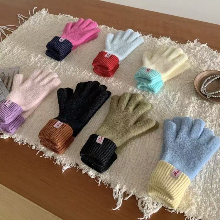 多巴胺拼接冬季保暖手套新款露指触屏女韩版百搭骑行秋冬防寒手套|undefined
