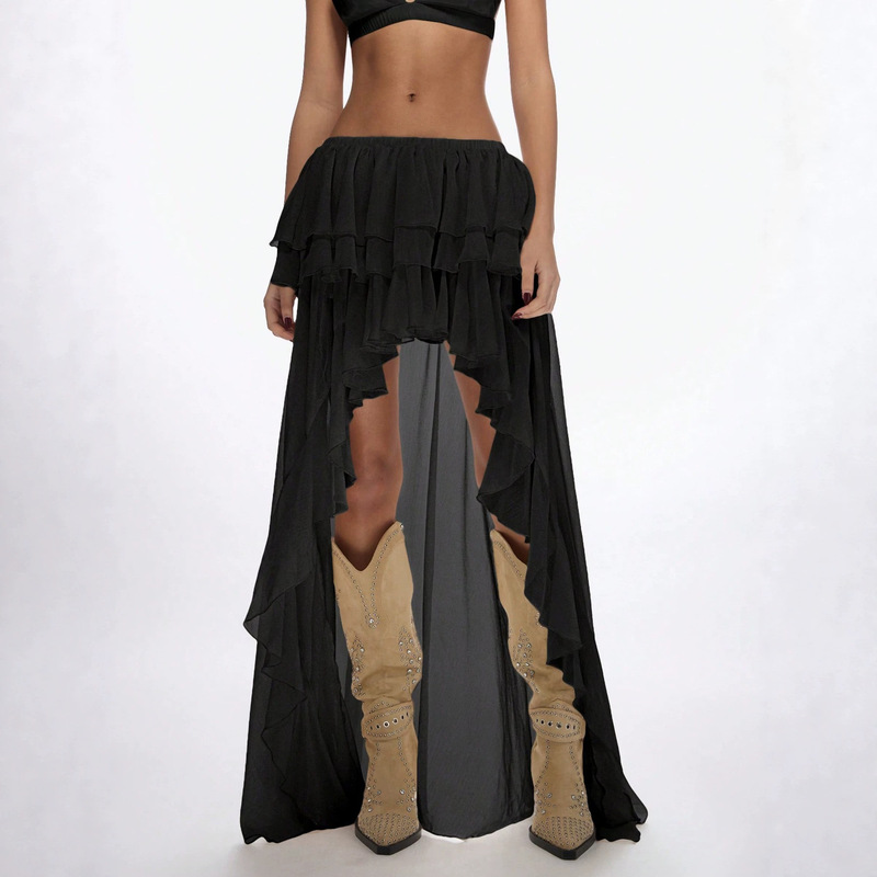 European and American Style Light Luxury Sheer Chiffon High-Waisted Skirt with Ruffles, Irregular Layered Design, Sexy Style, Floor-Length Skirt