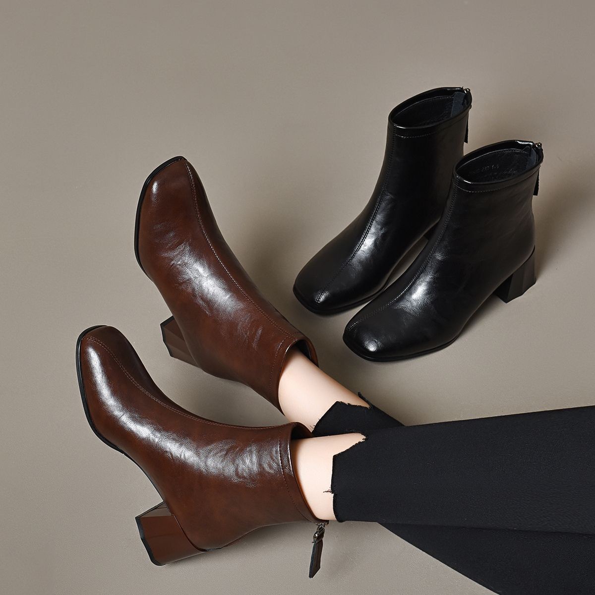 Hand-Grained Cowhide Medium Heel Thick Heel Mid-Calf Boots 2024 Winter New Soft Leather Fleece-Lined Fashion Women's Boots Brown