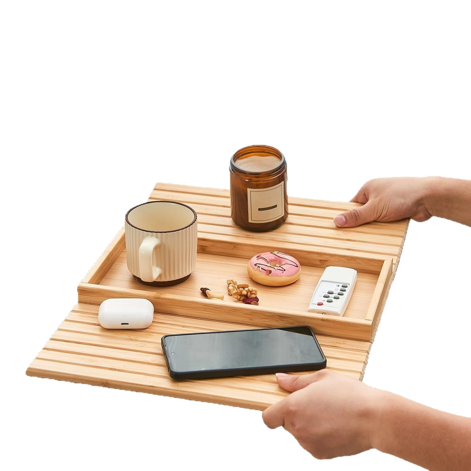 Sofá de bambú transfronterizo reposabrazos bandeja plegable de frutas y bocadillos bandeja de comedor de madera maciza sala de estar bandeja de almacenamiento doméstico