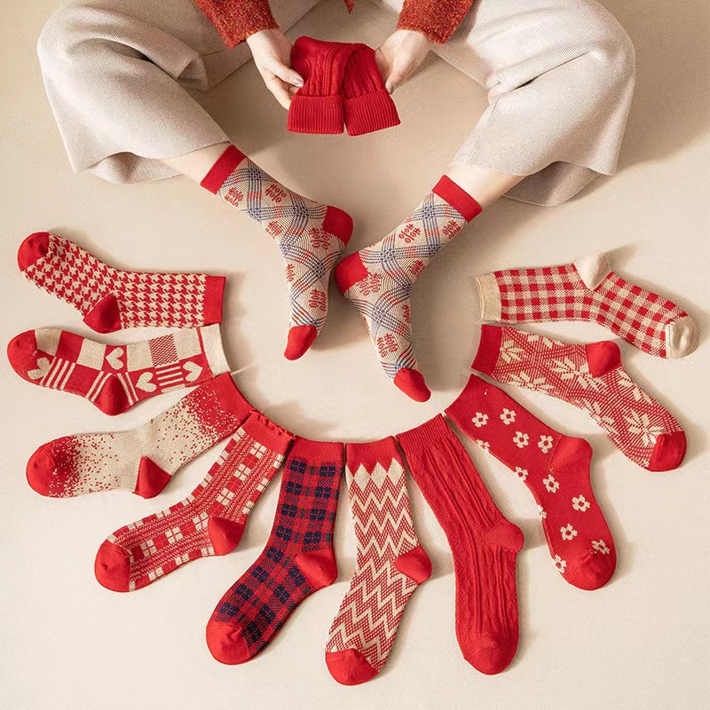 红袜子女秋冬季网红款中筒袜本命年属兔女士棉袜新年礼物大红色袜|ru