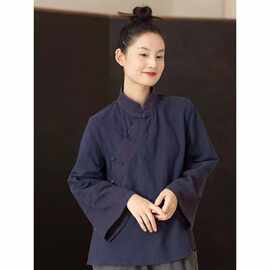 中式斜襟盘扣棉麻长袖衬衫女春秋佛系禅意茶服立领宽松居士服上衣