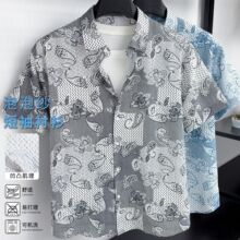 品牌泡泡纱凹凸肌理短袖衬衫男装衬衫休闲上衣3D数码打印款花衬衣