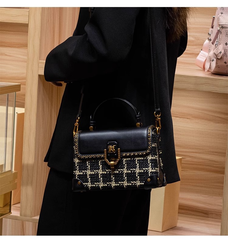 Túi xách tay da thật họa tiết houndstooth cổ điển phong cách Chanel, quai đeo chéo — Màu đen chi tiết 2