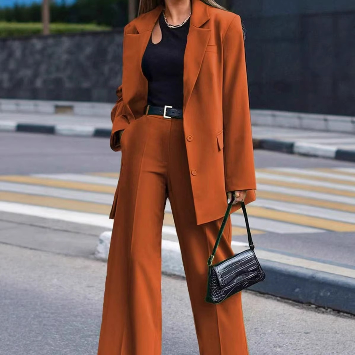 2025 Foreign Trade Cross-Border Solid Color Women's Design Tops Blazer Spring and Autumn Small Suit Set