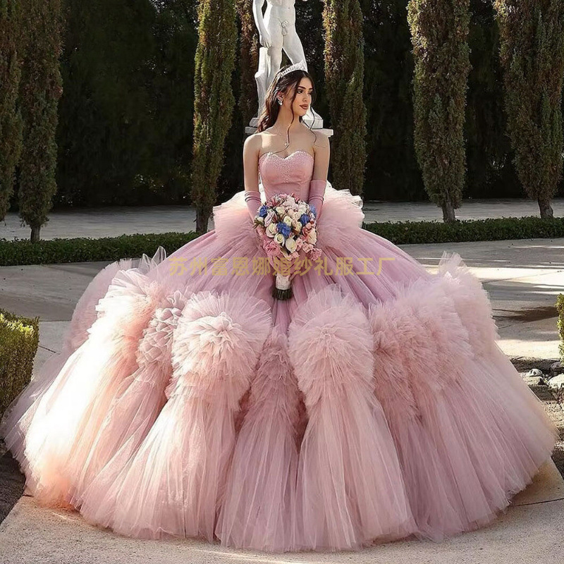 Pink Strapless Beaded Oversized Skirt Adult Gown Elegant Princess Ruffled Line Prom Gown Sweet