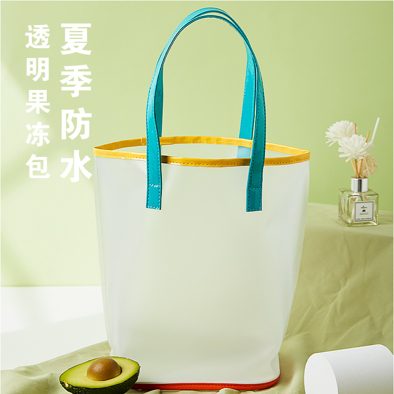 卡通印花手提袋磨砂半透明PVC果冻包大容量沙滩包撞色手拎包包