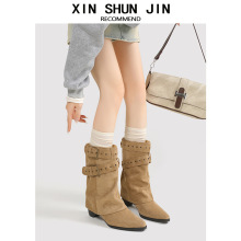 美式辣妹皮带扣裤管靴短筒靴女靴2025早秋新款小众设计短靴西部靴