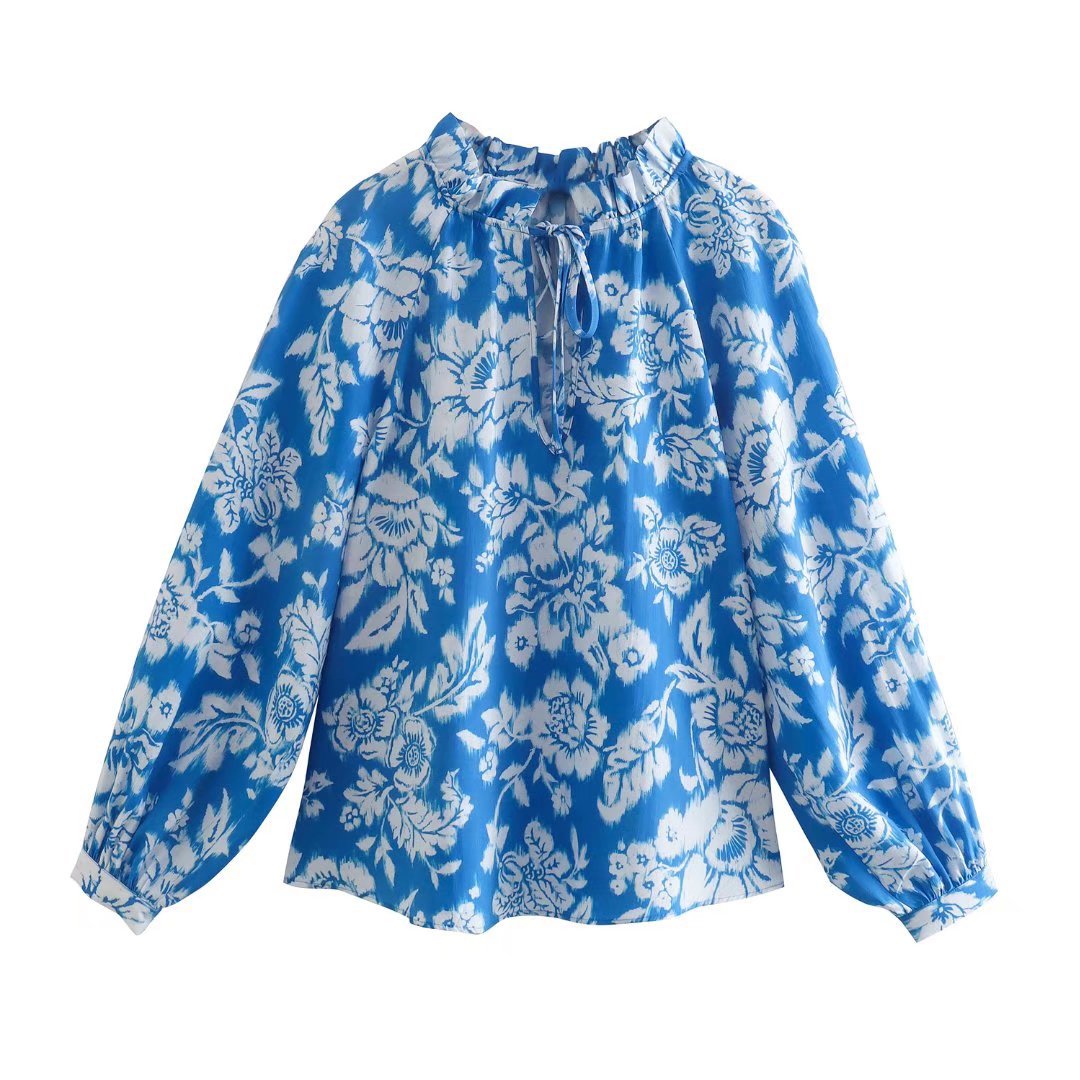 blue long-sleeved floral Print lace-up Blouse  NSAM123244