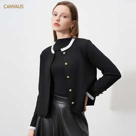 CANVAUS秋冬女装新款高级感圆领单排扣短外套花边简约小香风上衣
