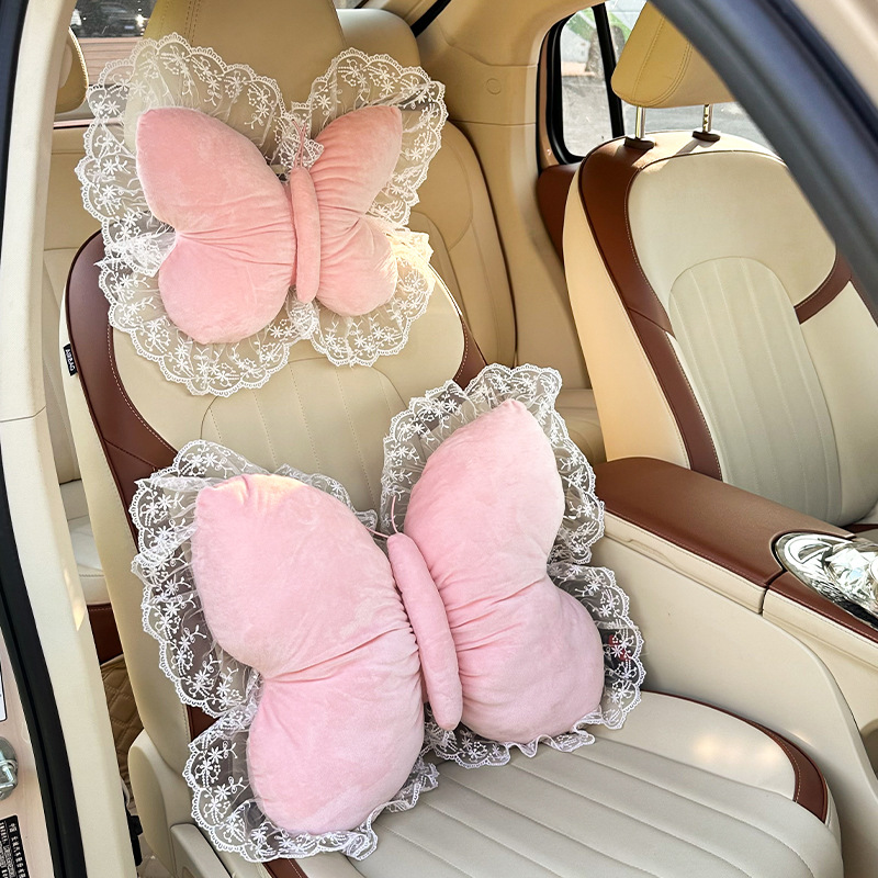 2026 New Car Accessories Plush Butterfly Headrest and Lumbar Support Pink Headrest and Lumbar Support