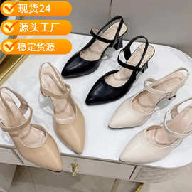 尖头后空百搭一字带妈妈凉鞋女跨境2025夏季新款粗包头软皮高跟鞋