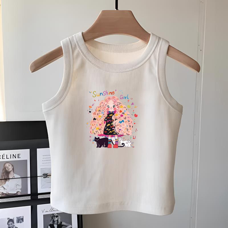 Girls' pure cotton white sleeveless T-shirt vest, summer style, versatile camisole top for middle and large children, suitable for wearing alone.