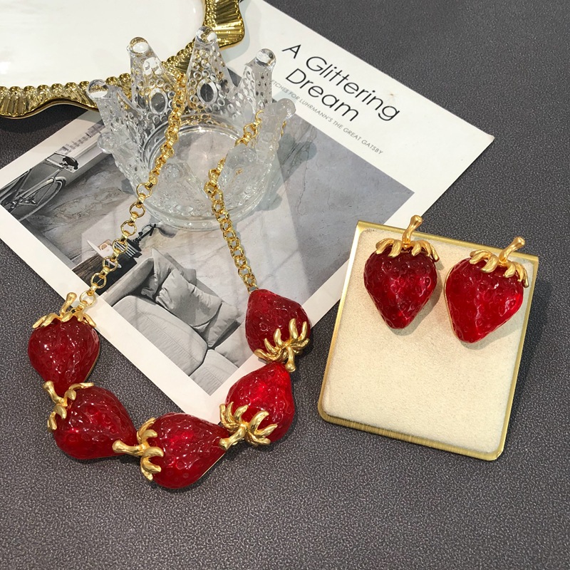 Date Occasion Sweet Strawberry Alloy Plating Artificial Gemstones Women's Earrings Necklace