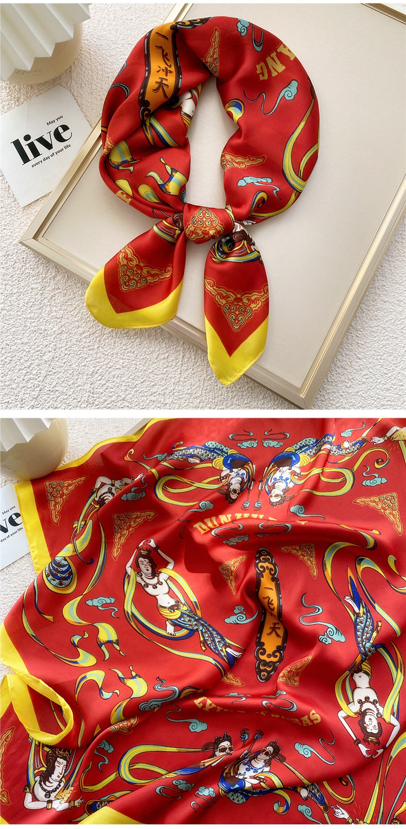 50g Weight Silk Scarf Classification Travel Occasion Silk Material Unisex Gender Printing Design Sweet Style Grey, Red, Green, Blue, Yellow, Black Color Unisex Sweet Silk Printing Silk Scarf 19