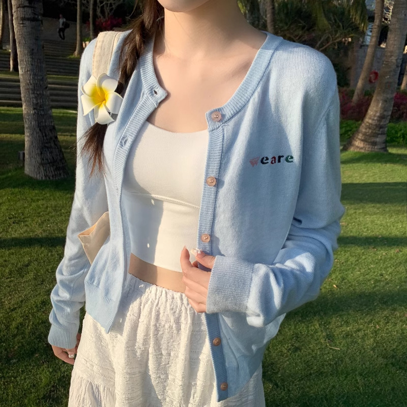 蓝色针织开衫外套女2025年春季新款圆领毛衣内搭修身薄款打底上衣