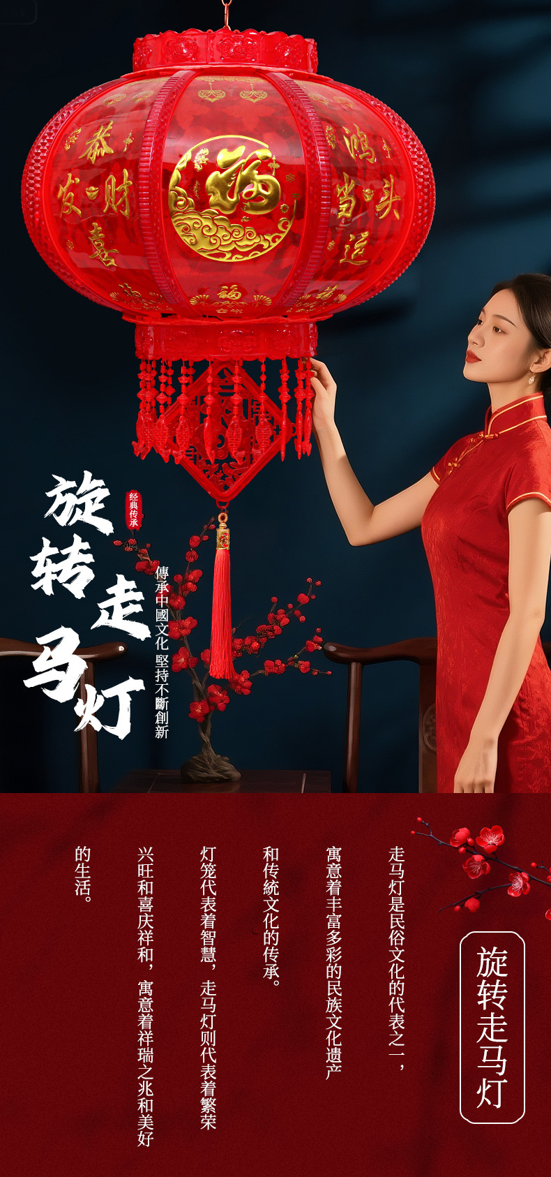高档2026款新年七彩led旋转走马灯旋转灯阳台大门口挂红灯笼春节-阿里巴巴