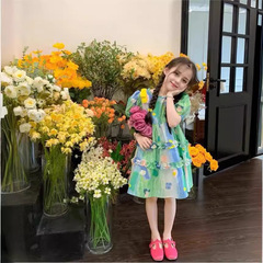 女童連衣裙2024夏季新款女寶寶韓版田園泡泡袖公主連衣裙表演服裙