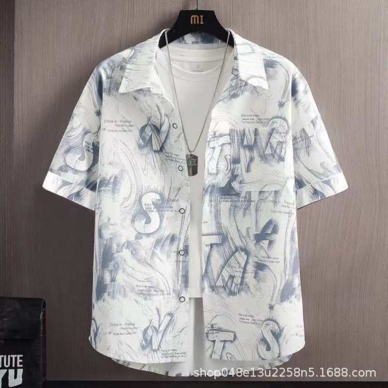 Handsome Printed Shirt Short-Sleeved Men's Summer Half-Sleeved Shirt Men's Youth Casual Loose Ice Silk Jacket Men