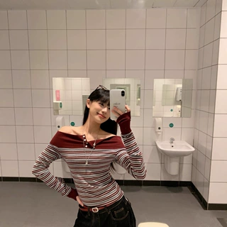 美式辣妹小众撞色条纹一字领长袖T恤女秋季修身显瘦气质露肩上衣