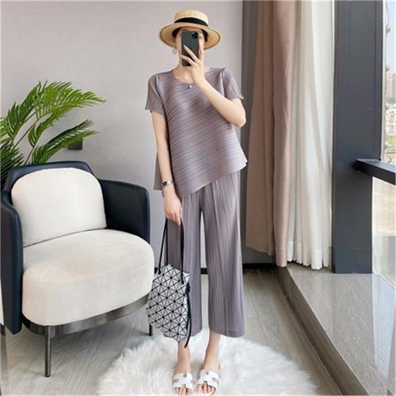 三宅褶皱时尚休闲套装女夏季2025新款不规则上衣宽松阔腿裤两件套|undefined