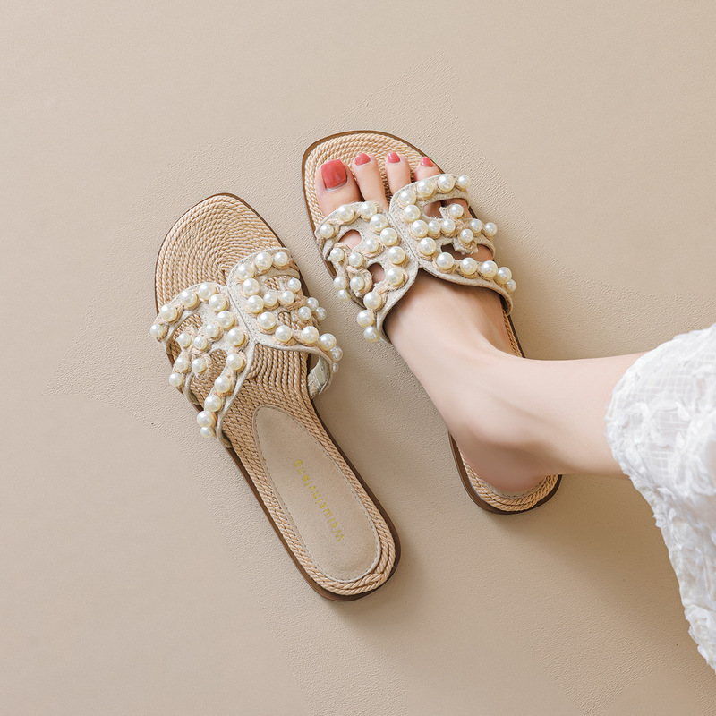 Waiwai Girl 6059-1 Straw Pearl Beach Sandals Flat Slippers for Women Summer Outdoor Woven High-End Feel
