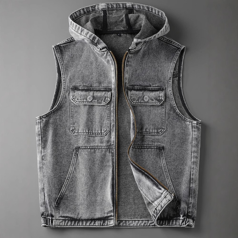 Summer American Hooded Denim Vest Men's Trendy Gray Retro Loose Motorcycle Zipper Handsome Vest Jacket